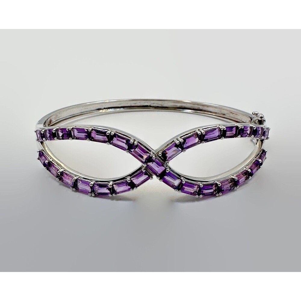 Vintage Hinged Amethyst Bracelet: Sterling Silver Faceted Gemstone